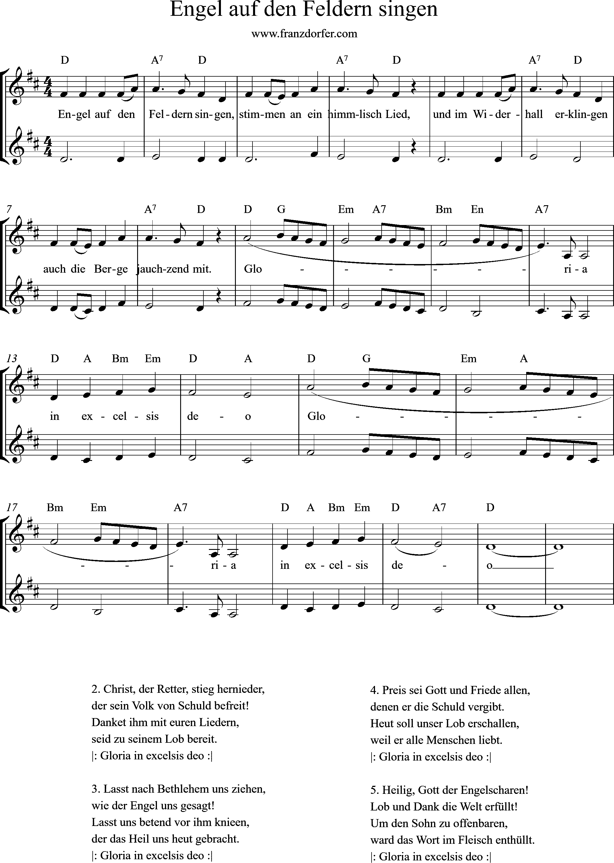 Tompetennoten, Tenorhorn, D-Dur, Engel auf den feldern singen